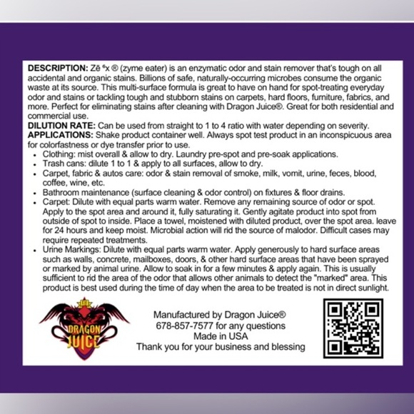 Deodorizer ZYME EATER Enzymatic Odor & Stain Remover - wine, smoke, pet odors…. - Picture 4 of 6